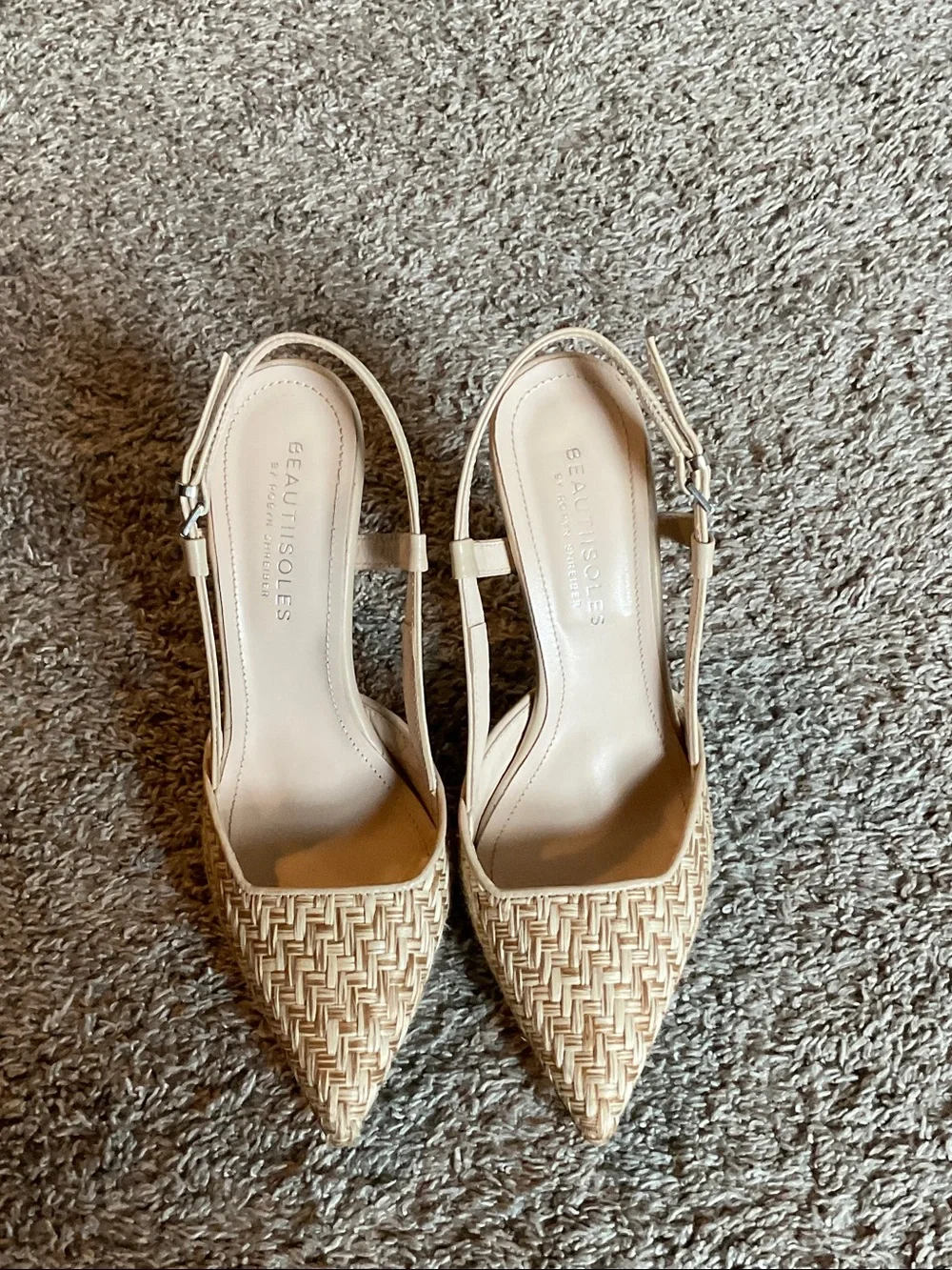 Beige Woven Pointed Slingback Heels
